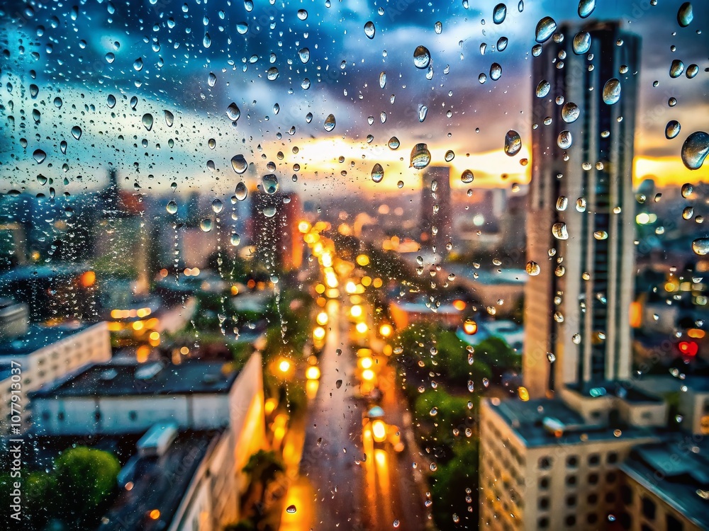 Poster aerial view of rainy window abstract with dynamic streaks against a muted urban backdrop, creating a