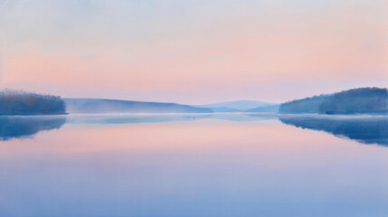 Early morning over a calm lake, the water still and glassy, reflecting the soft pastel colors of the sunrise