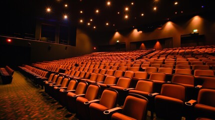 Fototapeta premium Dramatic Theater Setting: Rows of Seats Under Striking Lighting from Low Angle View