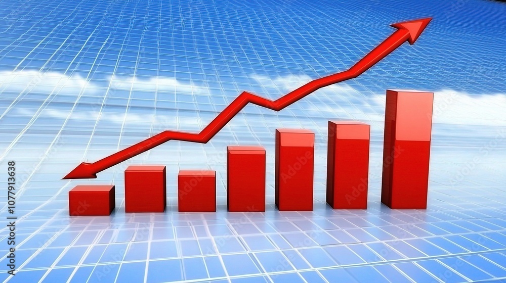 Poster financial chart displaying an uptrend with red bars against a blue grid background representing grow