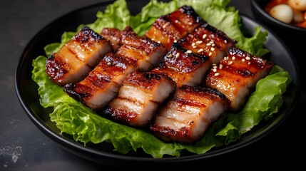 A plate of samgyeopsal, grilled pork belly served with lettuce, garlic, and ssamjang for wrapping.


