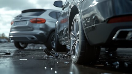 Car accident scene with broken glass shards