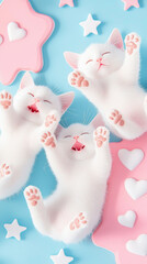 Collage of cute cat kitties with cheerful happy pose paws print celebrate festive sticker pink blue background. star and heart sticker decoration fun playful party fashion new year pet wallpaper