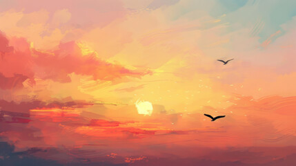 Fototapeta premium Evening sky with kites still flying high, their silhouettes dark against the soft colors of sunset.