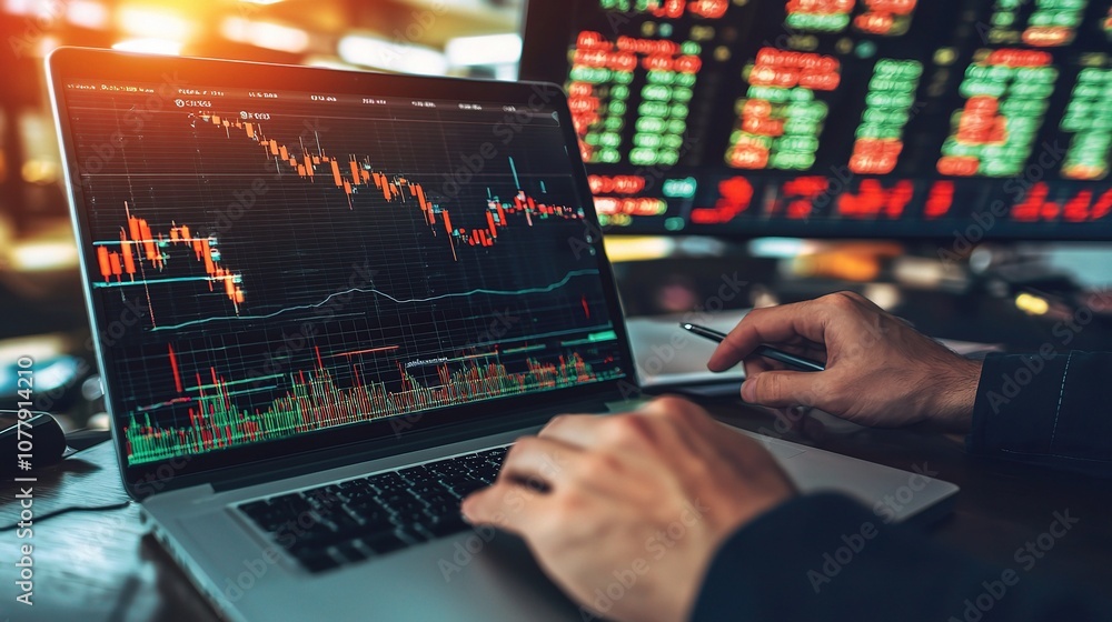 Poster businessman analyzing data on laptop screen with financial charts and graphs in modern office settin