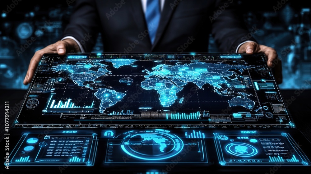 Poster businessman analyzing global market trends using advanced technology with interactive data visualiza