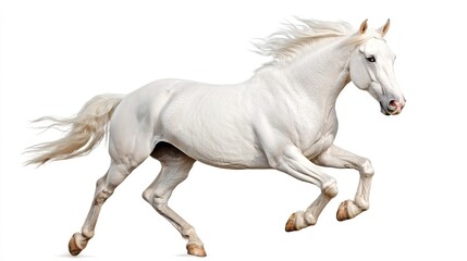 Fototapeta premium Majestic white stallion in mid-gallop on a white background
