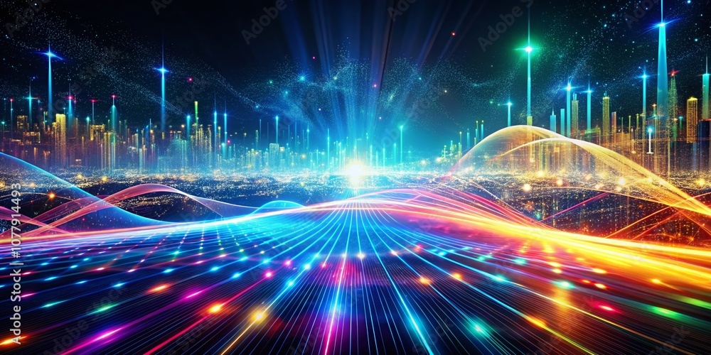 Poster a futuristic digital landscape featuring streaks of light symbolizing data flow and motion in a vibr