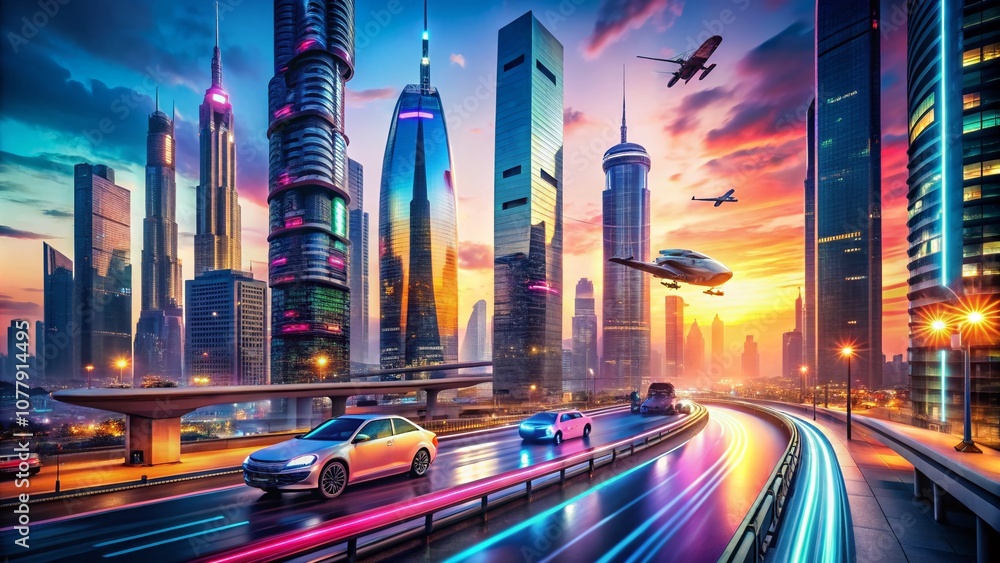 Poster a futuristic cityscape at dusk with glowing skyscrapers and hovering vehicles, captured using the ru