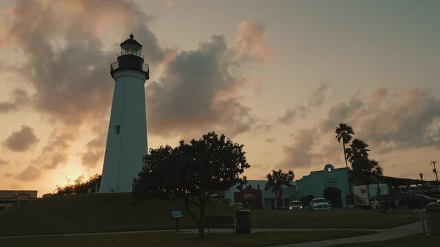 Lighthouse at sunset in 4k in south Texas on the coast in Port Isabel Gulf of Mexico orange skies setting sun state historic site