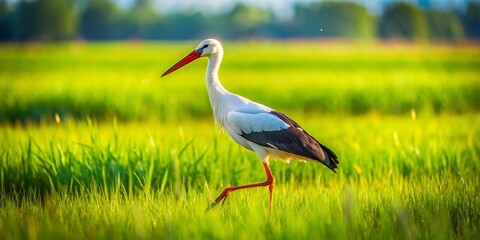 Fototapeta premium A Graceful Stork Walking Through a Lush Green Field on a Bright Sunny Day, Capturing Nature’s Beauty in the Rule of Thirds Composition for Stunning Visual Appeal