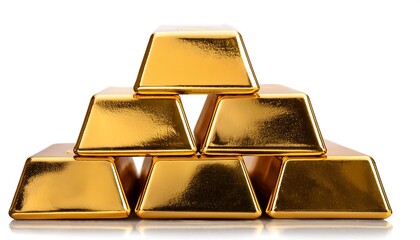 Golden ingots, symbols of wealth and financial success, stacked high on a pristine white background
