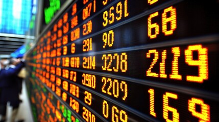 Fototapeta premium Real-Time Digital Stock Market Charts Displaying Financial Data on Electronic Ticker Board with Bright Colors and Updated Information