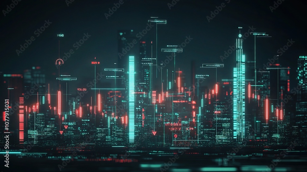 Aufkleber futuristic digital stock market graph with red and green candles displaying complex data visualizati