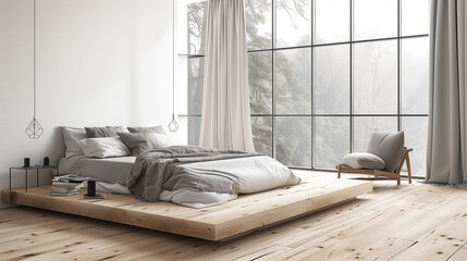 Modern bedroom with a minimalist platform bed, light wood flooring, white walls, and a cozy armchair next to a floor-to-ceiling window with natural light.
