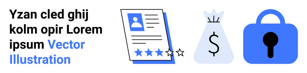Resume with a star rating, a money bag with a dollar sign, and a closed lock. Ideal for job applications, financial planning, career growth, security assurances, employment services, HR tools, online