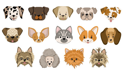Dog faces collection. Vector illustration of different breed dog heads in flat style. Isolated illustrations set on white background.