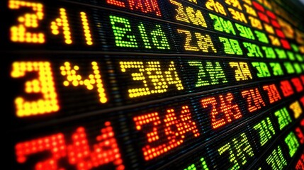 Digital Stock Trading Screen Displaying Fluctuating Market Data with Colorful Indicators and Numeric Values Representing Financial Activity