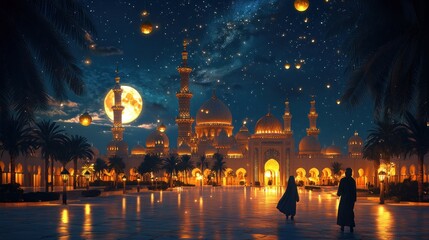 Illuminated Mosque with Two Figures Under a Starry Night Sky