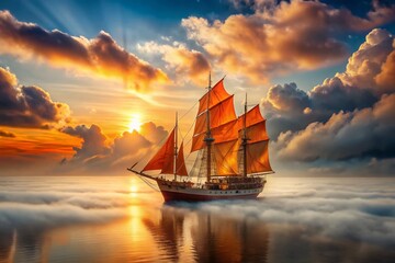 Obraz premium A Majestic Ship with Bright Orange Sails Sailing Through Clouds Above a Tranquil Ocean; Awe-Inspiring Scene with Misty Sky and Bokeh Effect for Dreamy Atmosphere