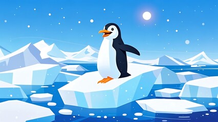 A cute, flat design of a penguin on an iceberg - A cheerful vector illustration of a penguin standing on an iceberg, with a clean, cartoonish design and a minimalist color palette of blues and whites.