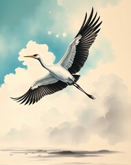 Watercolor character painting of a majestic Great Blue Heron in flight. 