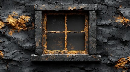 A weathered window set in a textured, dark wall with rust-colored accents.