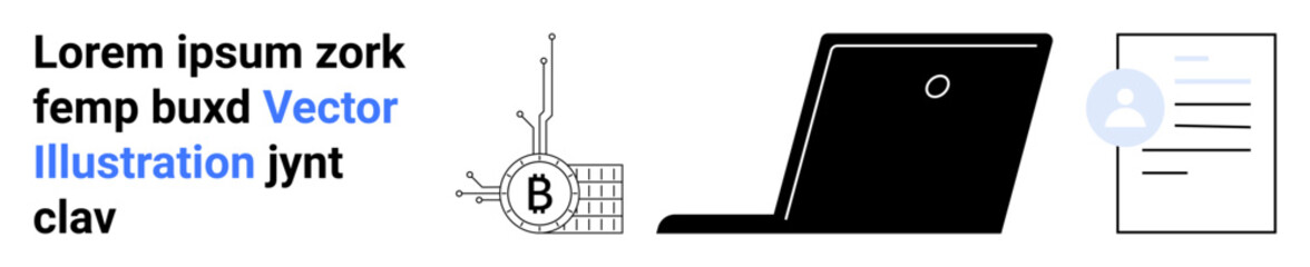 Black laptop, circuit with Bitcoin symbol, document with user avatar, Lorem Ipsum text. Ideal for tech blogs, fintech, cryptocurrency, education, IT services, software development, digital marketing