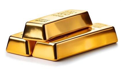 Golden ingots, symbols of wealth and financial success, stacked high on a pristine white background