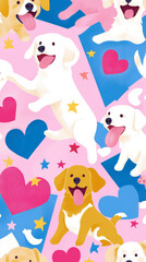 Illustration collage of cute dog puppies with cheerful happy pose paws print celebrate festive sticker pink blue background. star and heart sticker decoration fun party fashion pet adorable wallpa