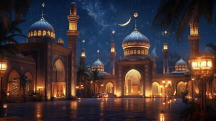 Illuminated Mosque at Night with Palm Trees and a Crescent Moon