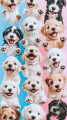 Collage of cute dog puppies with cheerful happy pose paws print celebrate festive sticker pink blue background. star and heart sticker decoration fun playful party fashion new year pet adorable wallpa