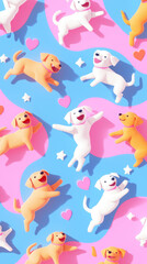 Illustration collage of cute dog puppies with cheerful happy pose paws print celebrate festive sticker pink blue background. star and heart sticker decoration fun party fashion pet adorable wallpa