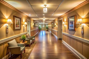 A Serene Nursing Home Corridor Bathed in Soft Light, Highlighting a Clean and Inviting Atmosphere for Residents and Visitors Alike, Perfect for Depicting Care and Comfort in Senior Living Spaces