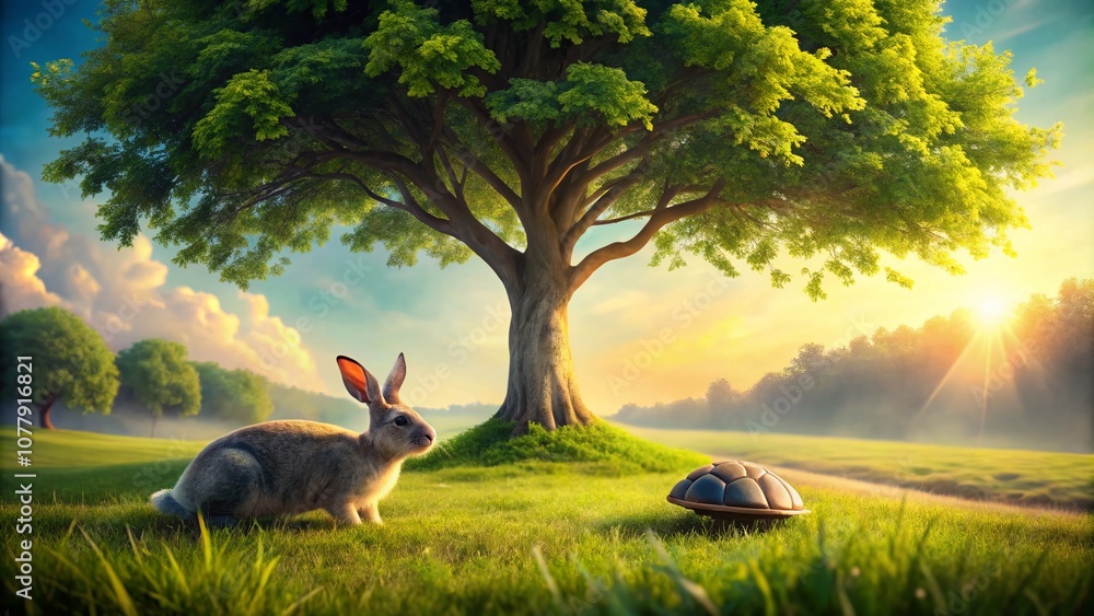 Poster a serene scene of a tree sheltering a rabbit and a turtle, creating a peaceful atmosphere in nature,