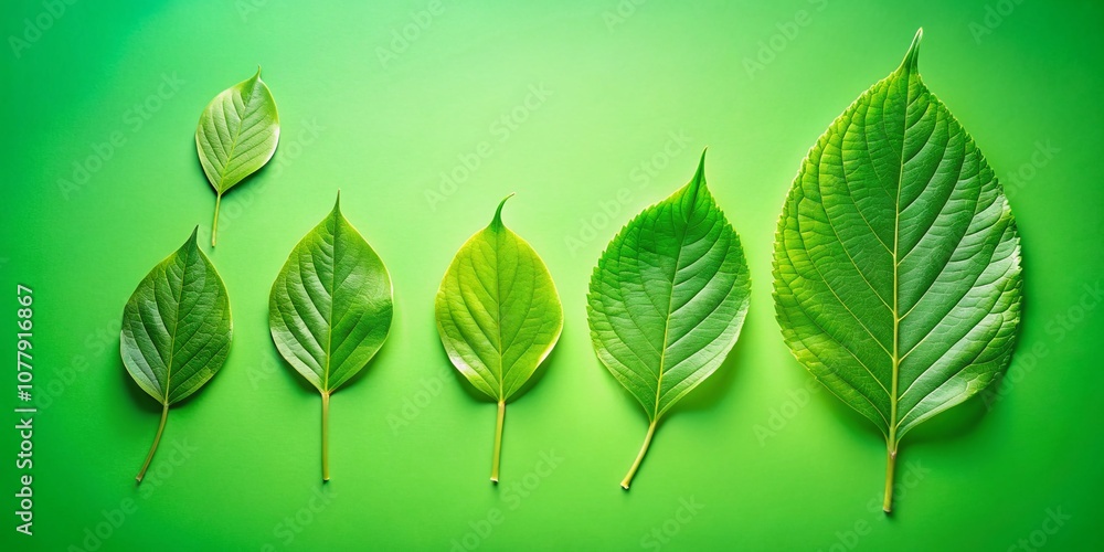 Poster a set of six green leaves in various sizes and orientations displayed on a bright background with am