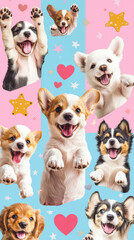 Obraz premium Collage of cute dog puppies with cheerful happy pose paws print celebrate festive sticker pink blue background. star and heart sticker decoration fun playful party fashion new year pet adorable wallpa