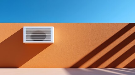Outdoor rooftop heat pump unit, energy-efficient air conditioning system, brown cement wall