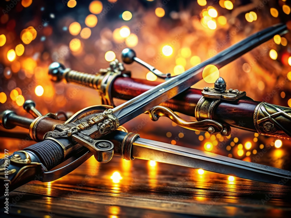 Poster a stunning display of gun swords with bokeh effect - captivating blurred backdrop enhancing the intr