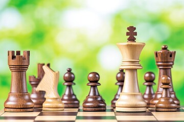 Chess pieces on a board with a green background, representing strategy and competition.