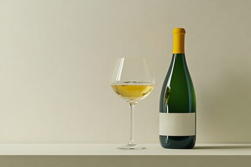 Wine Bottle with Glass on Neutral Background