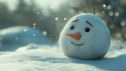 Obraz premium Realistic close-up of a small snowman with a sad, gloomy expression in a winter setting