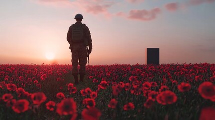 A lone soldier stands solemnly in a field of vibrant red poppies paying respects at a memorial backdrop to commemorate and honor the fallen during a time of remembrance  This 3D captures the solemn