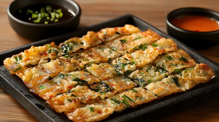 A serving of haemul pajeon, Korean seafood and green onion pancake, served with dipping sauce.


