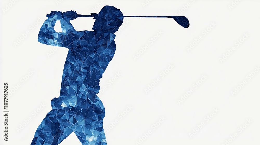 Poster abstract and modern of a golfer in a full swing pose surrounded by vibrant blue geometric shapes tha