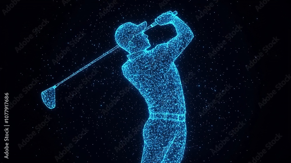 Poster abstract digital of a glowing blue geometric silhouette figure of a golfer in full swing motion agai