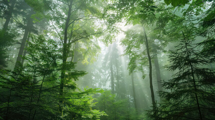 Obraz premium Misty morning sky over a dense forest, the soft sunlight filtering through the trees, creating an ethereal scene