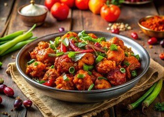 Authentic Indian Gobi Manchurian Served in a Vibrant Setting with Fresh Ingredients and Spices, Showcasing the Culinary Art and an Inviting Atmosphere for Food Lovers