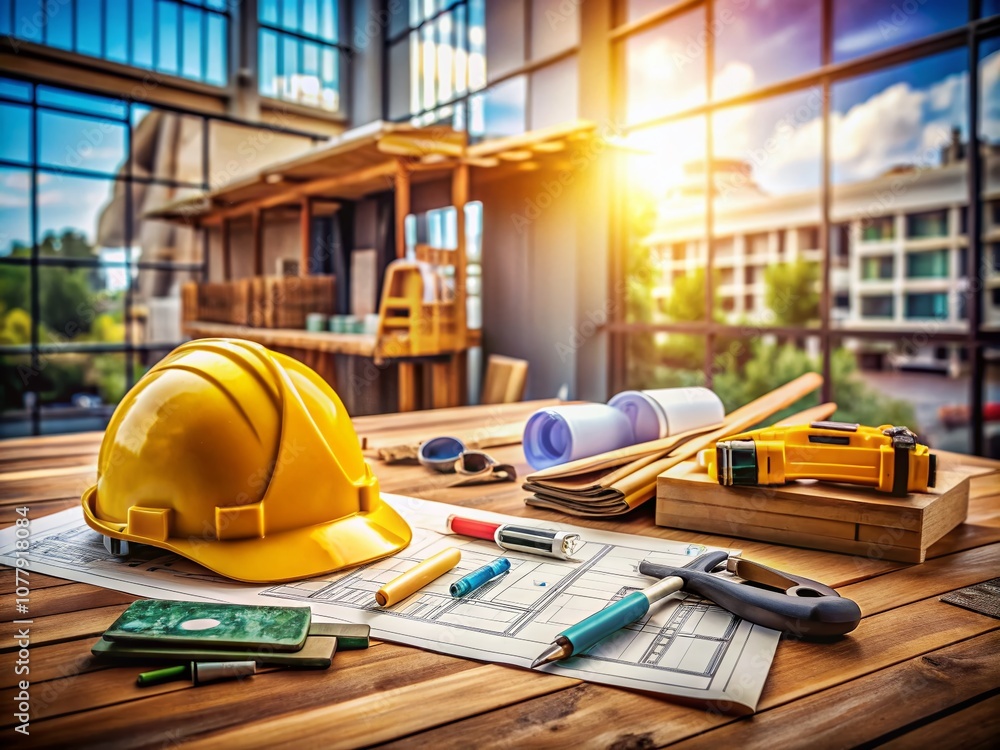 Poster a vibrant construction workspace with blueprints, tools, and hard hat perfect for architecture, engi