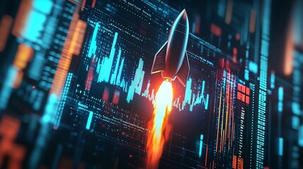 Ascending rocket launch graph visualization depicting the growth and success trajectory of a startup business in a futuristic digital technology space  Conceptual for finance investment
